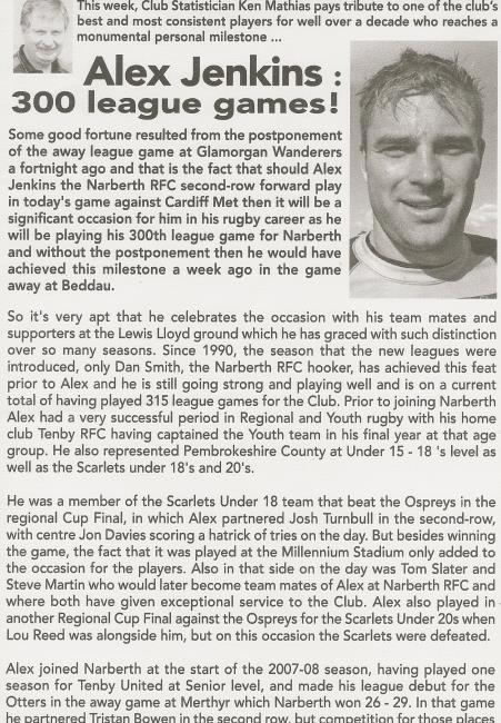 Alex Jenkins makes 300 appearances for Narberth which appeared in a past match day programme
